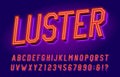 Luster alphabet font. Glowing neon 3d letters and numbers.