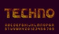 Techno alphabet font. Pixel letters and numbers.
