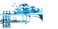 Trumpet with waves and seagulls isolated for live concert events, jazz music festivals and shows, party flyers. Musical promotiona