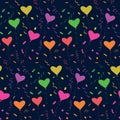 Vector seamless pattern with colorful balloons in the shape of hearts with confetti on dark blue background. Royalty Free Stock Photo