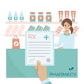 Man holds a medical prescription in his hand against the background of a pharmacy with a pharmacist.