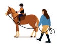 Vector illustration of a child sitting on a horse held on a leash by a young woman. Royalty Free Stock Photo