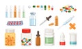 Medical set. Pills and capsules in jar, bottle with drops