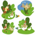 Birds, chicks, trills, chirping, flying bird, children`s, funny, stickers, packaging, banners, comics, spring, summer, clearing, s Royalty Free Stock Photo