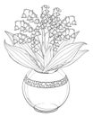 Vector bouquet of outline Lily of the valley or Convallaria flower and leaves in round vase in black isolated on white background. Royalty Free Stock Photo