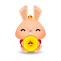2023 Chinese new year, little rabbit with holding coins of gold,  year of the rabbit zodiac of Animal lucks, gong xi fa cai Royalty Free Stock Photo