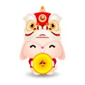 2023 Chinese new year, little rabbit with lion dance holding coins of gold,  year of the rabbit zodiac of Animal lucks Royalty Free Stock Photo