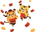 2022 CNY Year of the Tiger card. Illustration of two receiving red envelopes and feeling excited.