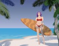 Girl with a surfboard on the beach. Vector.