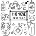 Set of graphic element related to Chinese tradition in doodle style on chalkboard background 001 Royalty Free Stock Photo