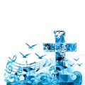 Christian cross isolated with musical notes, waves and seagulls vector illustration. Religion themed background. Design for gospe