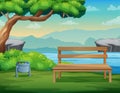 A wooden bench and tree near the river Royalty Free Stock Photo