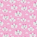 Cute little white clouds seamless pattern with flowers and bow tie on plush pink background