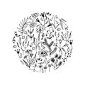 hand drawn doodle spring abstract outline flowers in circle composition Royalty Free Stock Photo