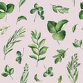 Watercolor Greenery seamless texture with fern,herb,leaves,branches