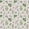 Watercolor Greenery seamless texture with fern,herb,leaves,branches