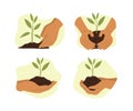 Set of Human Hands and Sapling of Tree Plant for Planting Badges Concept Illustration