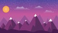 3d illustration wallpaper night snowy landscape. purple mountains and sun with clouds.