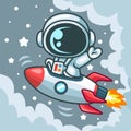 Cartoon cute little astronaut riding a rocket and waving on a plane to space Royalty Free Stock Photo