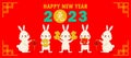 Happy Chinese new year greeting card 2023 group cute rabbit with bag gold money and lantern, year of the rabbit zodiac Royalty Free Stock Photo