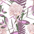 Seamless tropical clove flowers and herbs pattern with pink leaves on light background. Royalty Free Stock Photo
