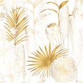 Exotic tropical floral golden line flowers, protea, fan palm leaves seamless pattern. Royalty Free Stock Photo