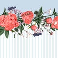 Horizontal striped pattern with peony flowers with leaves, bud and herbs. Royalty Free Stock Photo