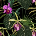 Tropical orchid flowers and exotic leaves on black background. Seamless pattern. Royalty Free Stock Photo