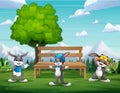 Cute three bunnies cartoon in the park landscape