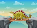 A stegosaurus crossing wooden bridge over a cliff