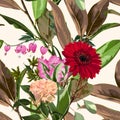 Floral Seamless Pattern with gerbera, tulip, clove flowers and magnolia branch with leaves. Royalty Free Stock Photo