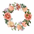 Wreath frame, border - hand painted watercolor style flower composition with creamy roses, tulips, peony and herbs. Royalty Free Stock Photo