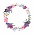 Wreath frame, border - hand painted watercolor style spring flowers composition with lilac, tulips, berries and herbs. Royalty Free Stock Photo