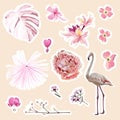 Flamingo, cute animals, tropical flowers. Set of cartoon stickers, patches, badges, pins, prints for kids. Royalty Free Stock Photo