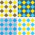 Collection set of 4 argyle seamless pattern in yellow, blue, turquoise and brown Royalty Free Stock Photo
