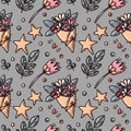 Seamless pattern with flowers and stars