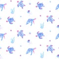 Watercolor seamless turtle medusa pattern. Sea eco concept in blue pink colors. Textile drawing, fashion, canvas print.