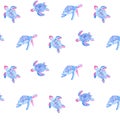 Watercolor seamless turtle pattern. Sea eco concept in blue pink colors. Textile drawing, fashion, canvas print.