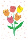 Valentine`s day greeting card with cat tulips bouquet Royalty Free Stock Photo