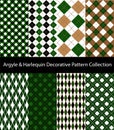 Collection of argyle, harlequin and rhombus plaid patterns. Green themed textile backgrounds.