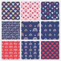 Set of cute seamless patterns with hearts, rainbows and flowers Royalty Free Stock Photo