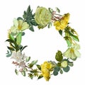 Wreath frame, border - hand painted watercolor style yellow spring flowers composition with roses Royalty Free Stock Photo