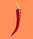 Hot red chili pepper. Red pepper isolated on orange background, high quality vector. Illustration of food hot chilli pepper.