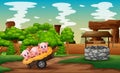 Cartoon three cute pigs playing on hay in the cart Royalty Free Stock Photo