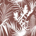 Tropical exotic floral silhouette brown palm leaves seamless pattern background. Exotic jungle wallpaper.