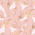 Abstract art Pink Golden leaves background. Wallpaper design with line art texture from bananas leaves, Jungle leaves. Royalty Free Stock Photo