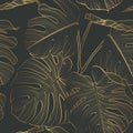 Golden floral seamless pattern with Tropical Monstera plant. Tropical leaves in retro style. Royalty Free Stock Photo