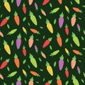 Beautiful colorful carrots seamless pattern in orange, yellow, green and purple on dark green background.