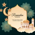 Ramadan Kareem greeting card with text label template decorated with elegant crescent moon and floral design