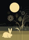 Full moon and rabbits, stylized silver grass . Chinese, Japanese and Korean folklore